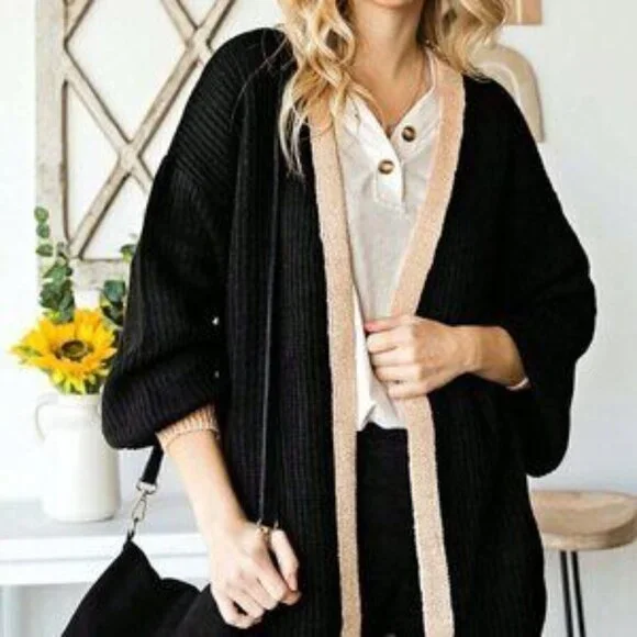 Black Casual Womens Contrast Trim Drop Shoulder Open Front Cardigan - Picture 1 of 5